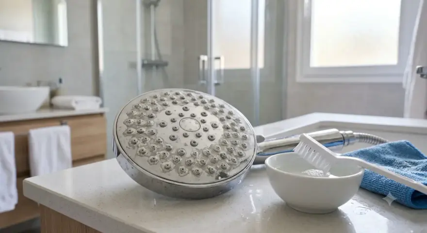 Limpieza de alcachofa de ducha con cal. Cepillo, bol con agua y paño azul listos para ayudarte a como quitar la cal de la alcachofa de la ducha.