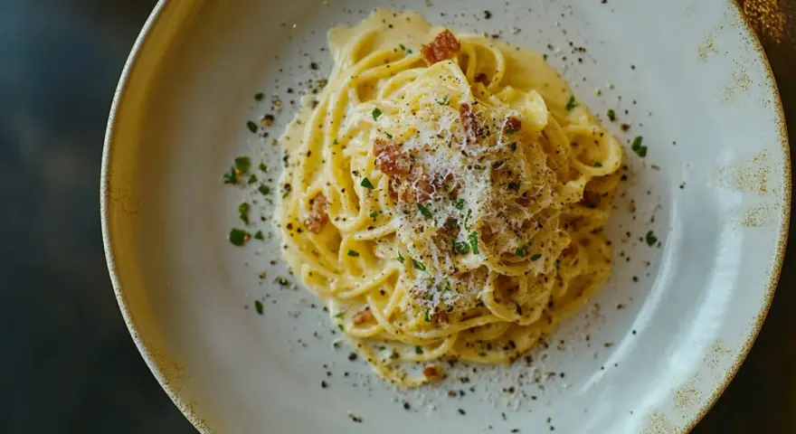 Ein Teller cremiger Spaghetti Carbonara, bestreut mit Pecorino, schwarzem Pfeffer und knusprigen Speckwürfeln.