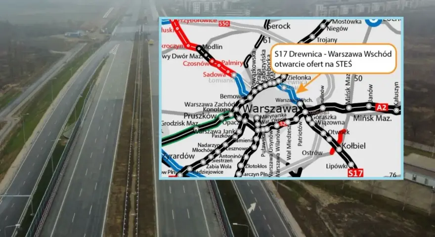 Droga S17, wschodnia obwodnica Warszawy, w budowie. Mapa pokazuje trasę S17 Drewnica - Warszawa Wschód.