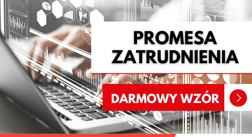 Ręce nad klawiaturą laptopa, nad nimi grafiki z danymi. Na białym tle napis "PROMESA ZATRUDNIENIA" i "DARMOWY WZÓR".