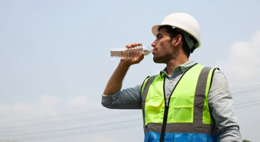 Mann in Warnweste und Helm trinkt Wasser. Hitzefrei auf dem Bau ist wichtig, um hydriert zu bleiben.