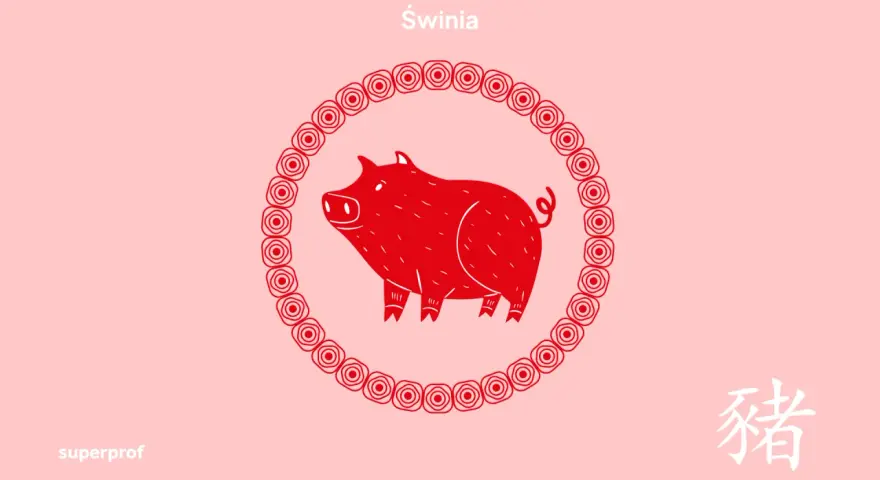 Czerwona, stylizowana świnia w okręgu z chińskim znakiem zodiaku. Rok 1995 był rokiem świni.
