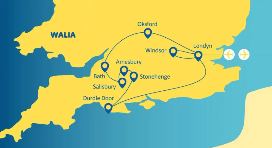 Mapa Wielkiej Brytanii z zaznaczonymi atrakcjami: Londyn, Windsor, Oksford, Bath, Salisbury, Stonehenge, Amesbury, Durdle Door.