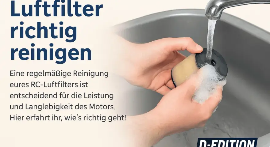Hände reinigen einen RC-Luftfilter unter fließendem Wasser. Regelmäßiges Luftfilter reinigen sichert Motorleistung und Langlebigkeit.