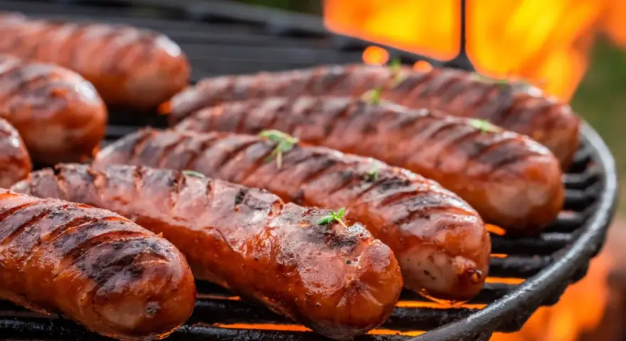 Kiełbaski śląskie grillowane na ruszcie z płomieniami w tle.