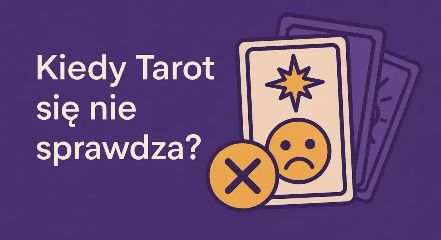 Kiedy tarot dziala, a kiedy nie? Ilustracja z kartami i smutną buźką symbolizuje momenty, gdy wróżba nie przynosi pocieszenia.