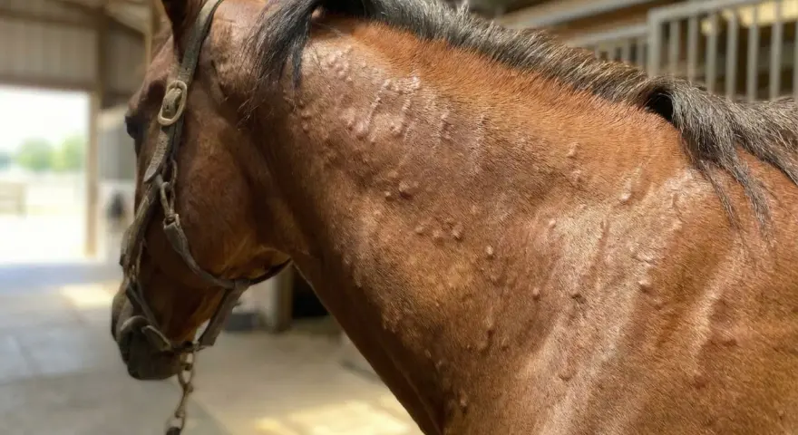 Gros plan sur le cou d'un cheval brun montrant des bosses sur la peau, suggérant une maladie de peau cheval.