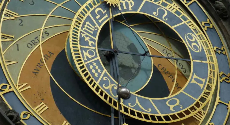 Zegar astronomiczny z symbolami zodiaku. Dowiedz się, jak obliczyć Lilith w horoskopie, analizując pozycje planet.