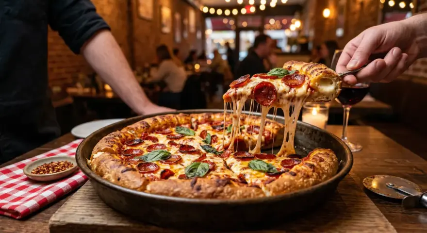 Gorąca pizza farmerska z ciągnącym się serem i pepperoni, serwowana w przytulnej restauracji. Idealna na wieczór w stylu Pizza Hut.