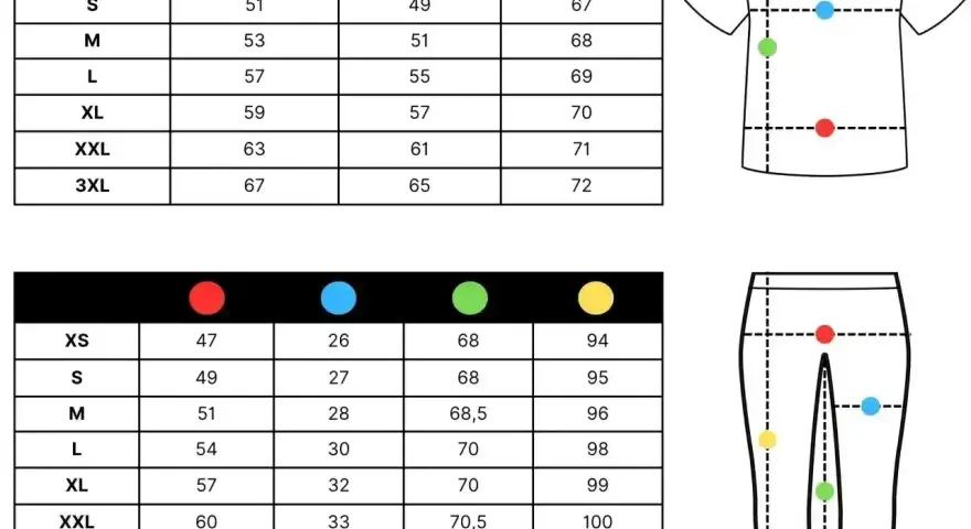 Tabela rozmiarów odzieży. 100 cm w pasie to rozmiar XXL spodni, zgodnie z tabelą.