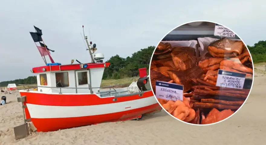 Czerwono-biała łódź na plaży. W okręgu widać ryby i tabliczki z cenami, np. "wyprawa na dorsza cennik".