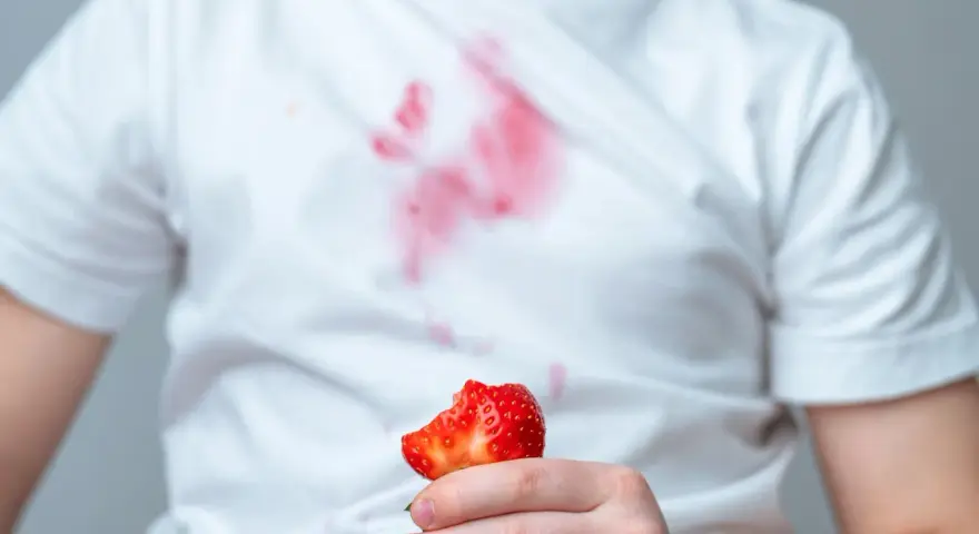 Dziecko trzyma kawałek truskawki, a na białej koszulce widać czerwone plamy z truskawek.