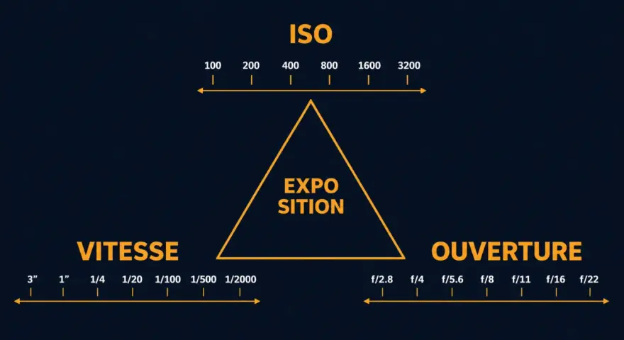 Triangle de l'exposition : ISO, Vitesse et Ouverture. Ce schéma aide à comprendre le mode P de votre appareil photo.
