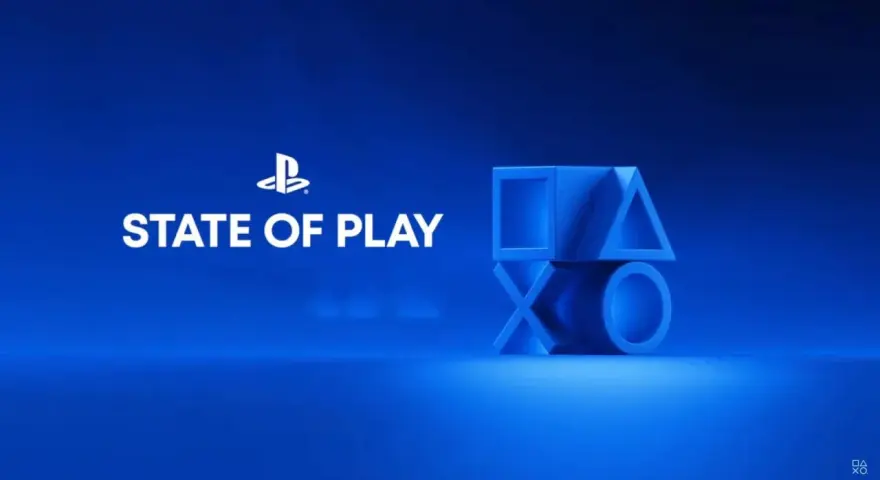 Logo PlayStation State of Play na niebieskim tle z symbolami przycisków kontrolera.