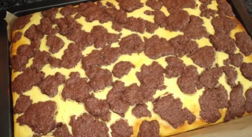 Ein frisch gebackener russischer Zupfkuchen vom Blech, mit einem gelben Teig und dunklen Schokoladenstückchen.