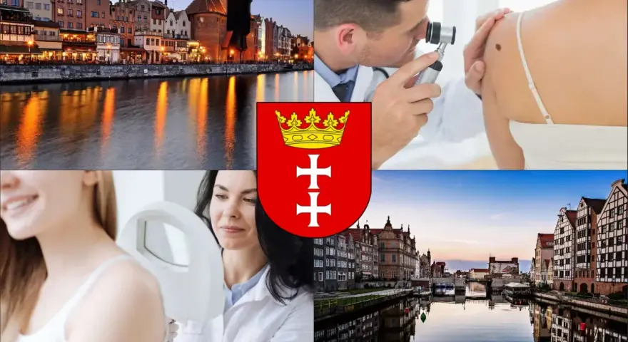 Gdański krajobraz, dermatolodzy badający znamiona, herb miasta.