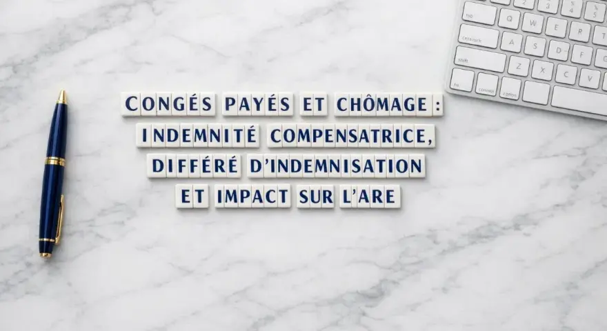 Congés payés non pris, indemnité compensatrice, différé d'indemnisation et impact sur l'ARE. Stylo et clavier sur fond marbre.