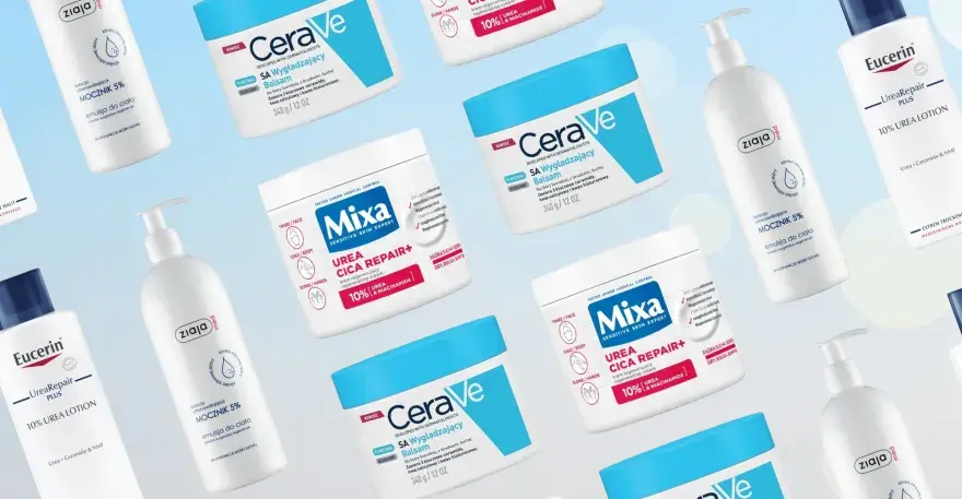 Jaki balsam do ciała wybrać? Na zdjęciu kosmetyki Eucerin, CeraVe, Mixa i Ziaja do pielęgnacji suchej skóry.
