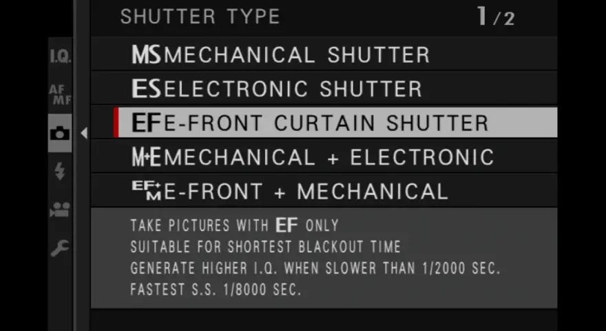 Menu aparatu: wybór migawki. Podświetlona opcja "EF-FRONT CURTAIN SHUTTER" - migawka elektroniczna z przednią kurtyną.