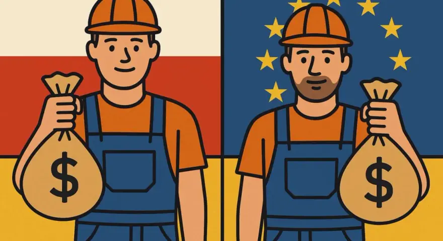 Dwóch pracowników w kombinezonach i kaskach trzyma worki z pieniędzmi na tle flag Polski i UE.