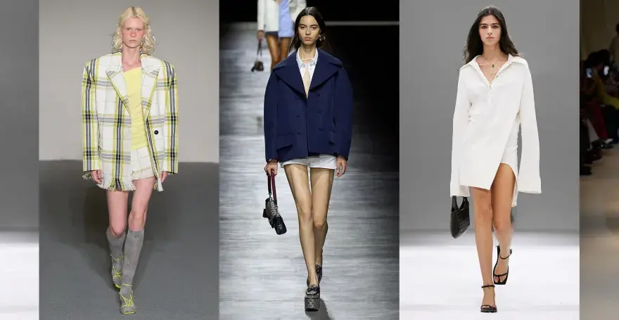 Modelli sfilano con look audaci: pelle strappata, blazer a quadri, abiti oversize e gonne scintillanti. Un'interpretazione moderna del preppy significato.