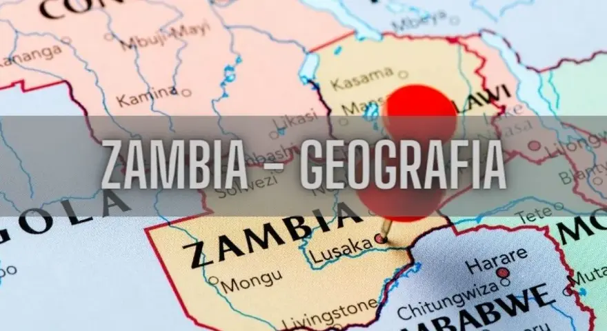 Mapa Afryki z zaznaczoną Zambią, która graniczy z Zambią. Widoczne też Zimbabwe i Kongo.