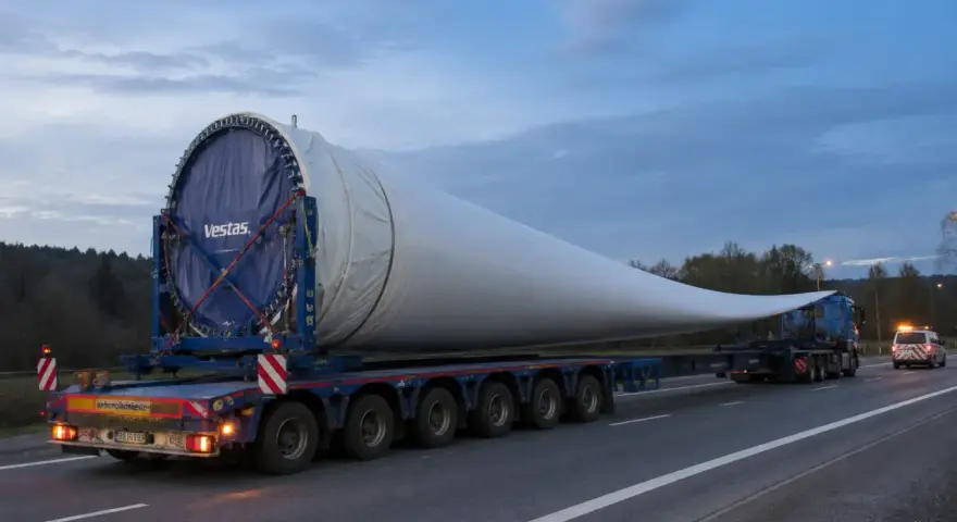 Ogromne łopaty wiatraka Vestas na specjalistycznej naczepie. Ten transport przesyłowy wymaga szczególnej ostrożności.