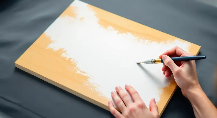 Une main applique une couche de peinture blanche sur une planche de bois. La question est : peut-on vernir par dessus du vernis ?