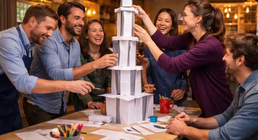 Une équipe s'amuse lors d'une activité séminaire entreprise, construisant une tour en papier. Collaboration et rires garantis !