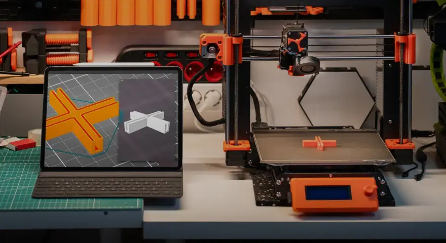 Drukarka 3D drukuje element, a na ekranie tabletu widać model. To ilustracja najczęstszych problemów z drukiem 3d.