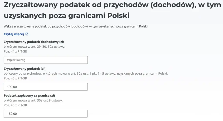 Formularz PIT-38: zryczałtowany podatek dochodowy (190 zł) i podatek zapłacony za granicą (150 zł) od dywidendy zagranicznej. Wzór wypełniania.
