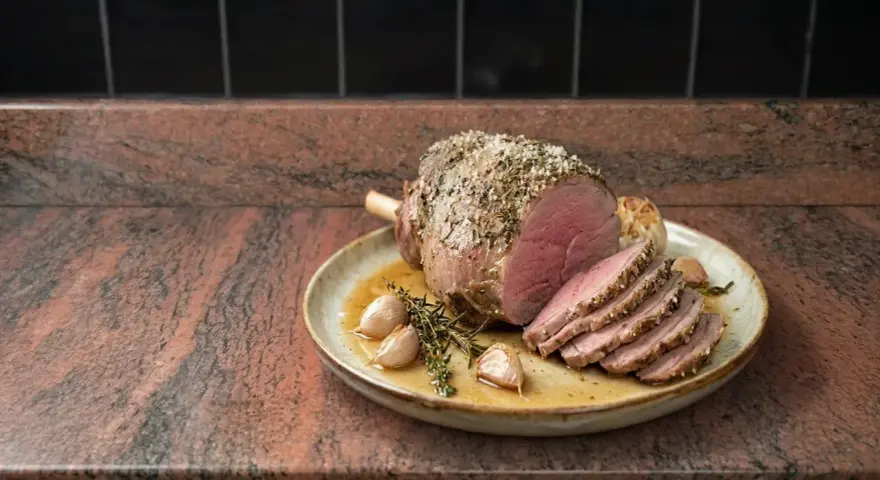 Rôti d'agneau sans os au four, tranché, avec ail et herbes. Le temps de cuisson parfait pour un plat savoureux.