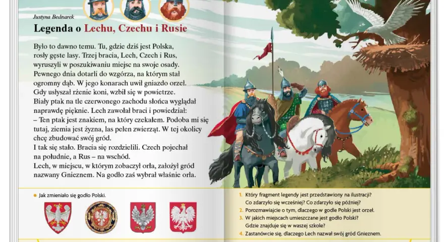 Ilustracja do baśni o Lechu, Czechu i Rusie. Trzej bracia na koniach podziwiają orła na drzewie.
