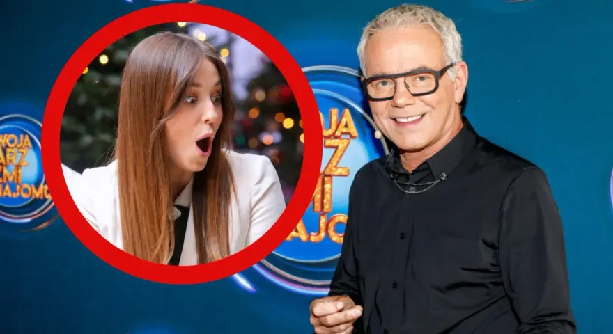 Zaskoczona uczestniczka programu "Jaka to melodia?" i uśmiechnięty prowadzący.