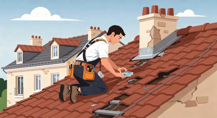 Un couvreur inspecte un toit endommagé, signe d'un défaut d'étanchéité. La garantie décennale couvre ces réparations.