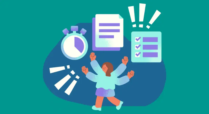 Persona con múltiples brazos, lista para optimizar el tiempo. Cronómetro, documentos y lista de tareas completadas sugieren eficiencia.
