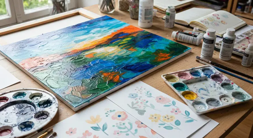 Un tableau de type peinture, aux couleurs vives et texturées, est posé sur un bureau d'artiste, entouré de palettes, de pinceaux et de carnets.