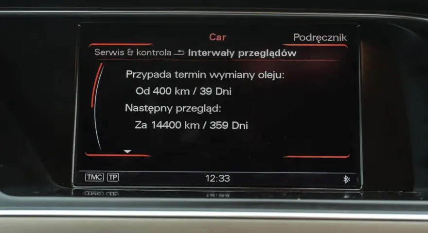 Kasowanie serwisu Audi A4 B6: termin wymiany oleju za 400 km / 39 dni, następny przegląd za 14400 km / 359 dni.