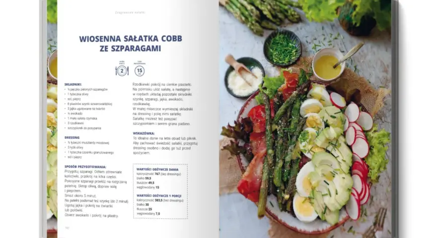 Wiosenna sałatka Cobb ze szparagami, jajkiem, awokado i rzodkiewką.