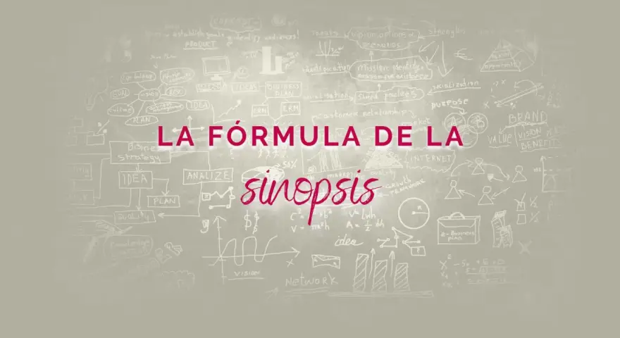 Un diagrama de negocios con la frase "La fórmula de la sinopsis" en el centro. Incluye conceptos como "idea", "plan", "riesgo" y "marca".