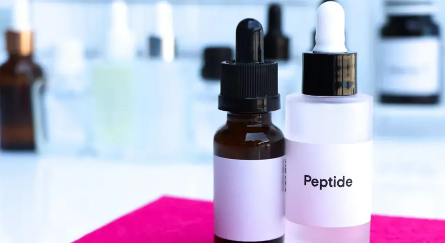 Dwie buteleczki z pipetkami, jedna z napisem "Peptide". Pamiętaj, że peptydy miedziowe z czym nie łączyć, by uniknąć podrażnień.