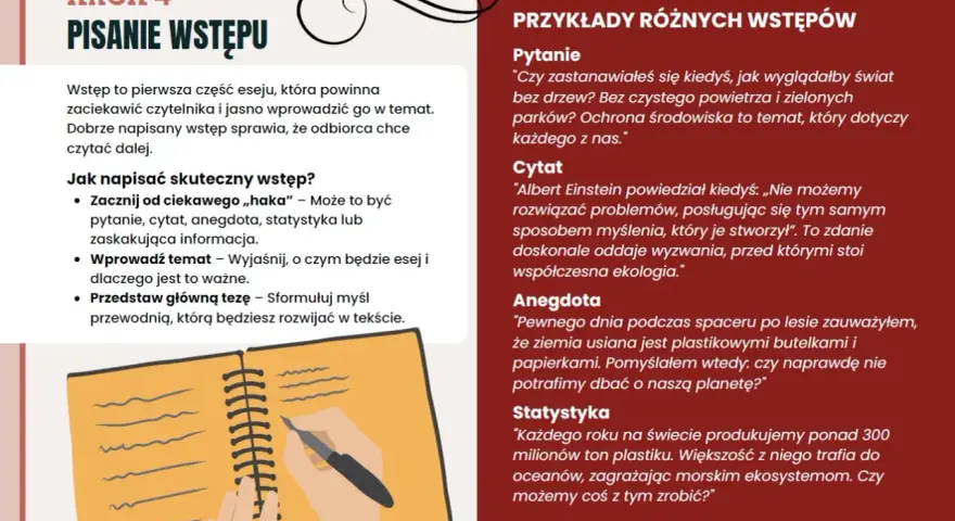 Jak napisać esej: porady dotyczące pisania wstępu, przykłady pytań, cytatów, anegdot i statystyk.