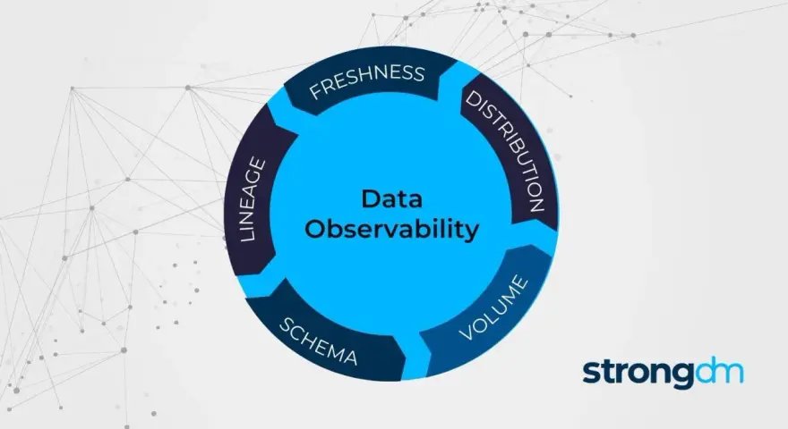 Diagram illustrating Data Observability with key components: Freshness, Distribution, Volume, Schema, and Lineage. This app metadata helps understand data health.