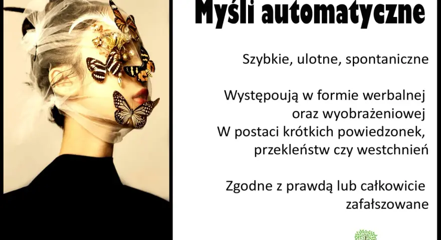 Ansikte täckt av slöja och fjärilar, som symboliserar negativa automatiska tankar.