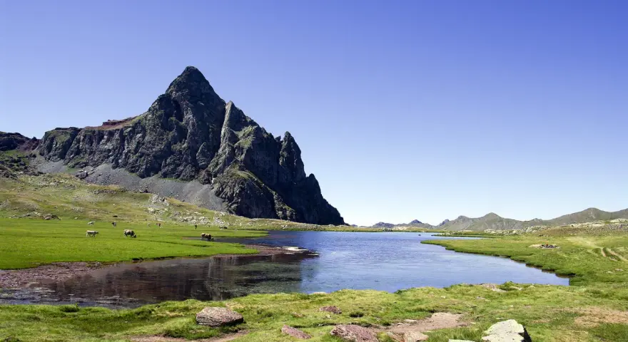 Majestuoso pico rocoso se alza sobre un lago sereno y prados verdes en el valle de Tena, con vacas pastando tranquilamente.