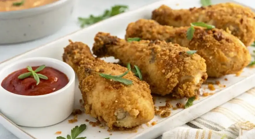 Plaisir croustillant : quatre pilons de poulet air fryer dorés, servis avec une sauce tomate et des herbes fraîches.