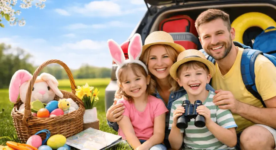 Glückliche Familie mit Osterkörbchen und bunten Eiern, bereit für die Ostereiersuche.