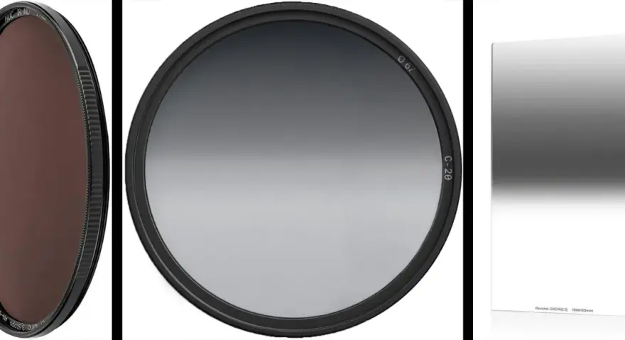 Trois filtres photo : un rond brun, un rond dégradé gris, et un carré dégradé gris. Un filtre nd pour des ciels parfaits.