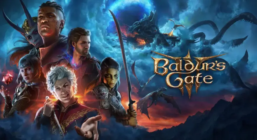 Personajes de Baldur's Gate III, con dragones y un cielo tormentoso.