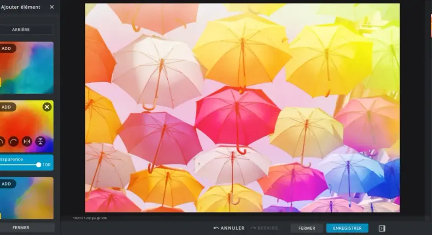 Un ciel rempli de parapluies colorés, comme dans un rêve Pxlr. L'interface d'édition montre des options pour ajouter des éléments et ajuster la transparence.